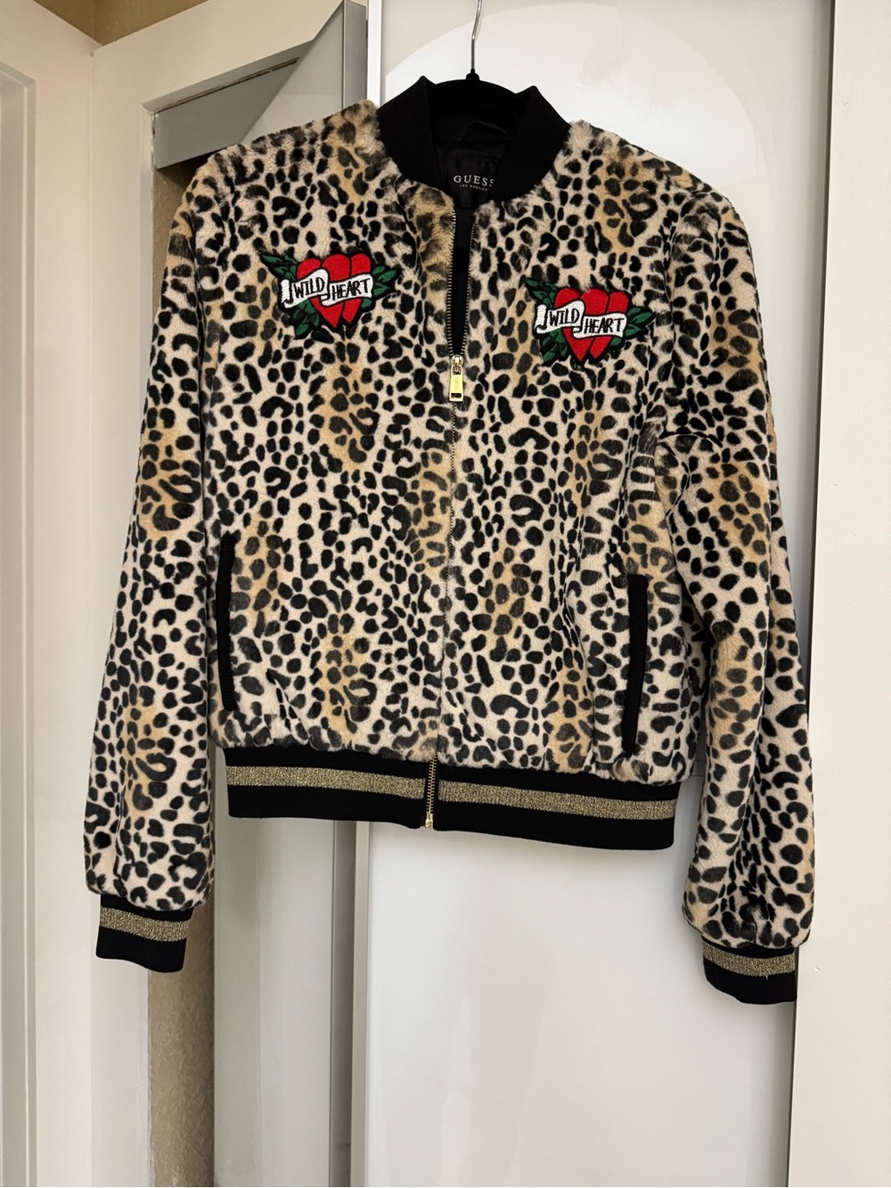 Guess Leopard Print Bomber Jacket with Red Heart Patches - Tan/Black
